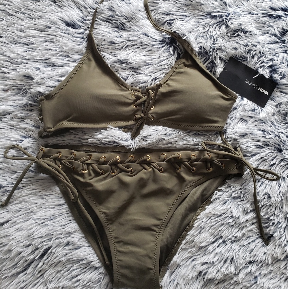 Olive green lace up bikini